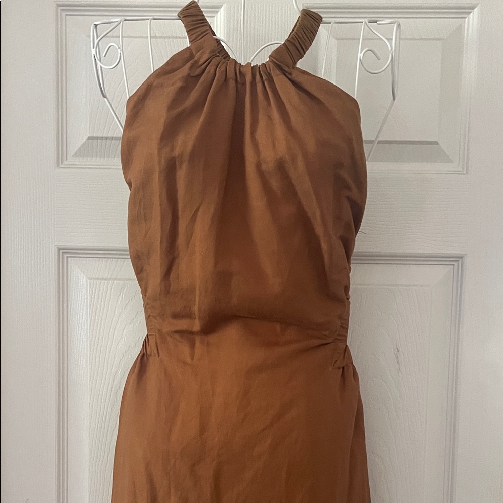 Bardot One-Shoulder Rust Dress with Ruched Halter